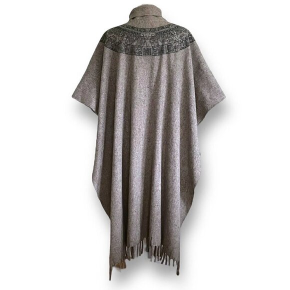 Vintage 1980s Womens Wool Blanket Cape O/S Aztec South American Art Print Boho - Picture 9 of 15